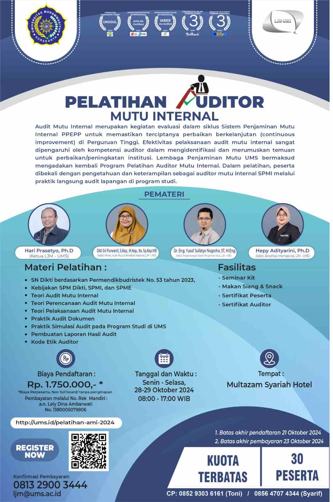 You are currently viewing Undangan Pelatihan Auditor Mutu Internal bagi Peserta Eksternal UMS Tahun 2024