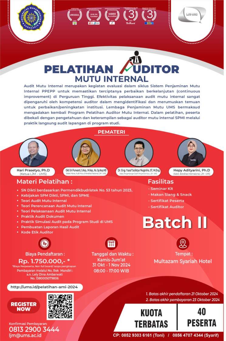 You are currently viewing Undangan Pelatihan Auditor Mutu Internal bagi Peserta Eksternal UMS Tahun 2024 #Batch 2